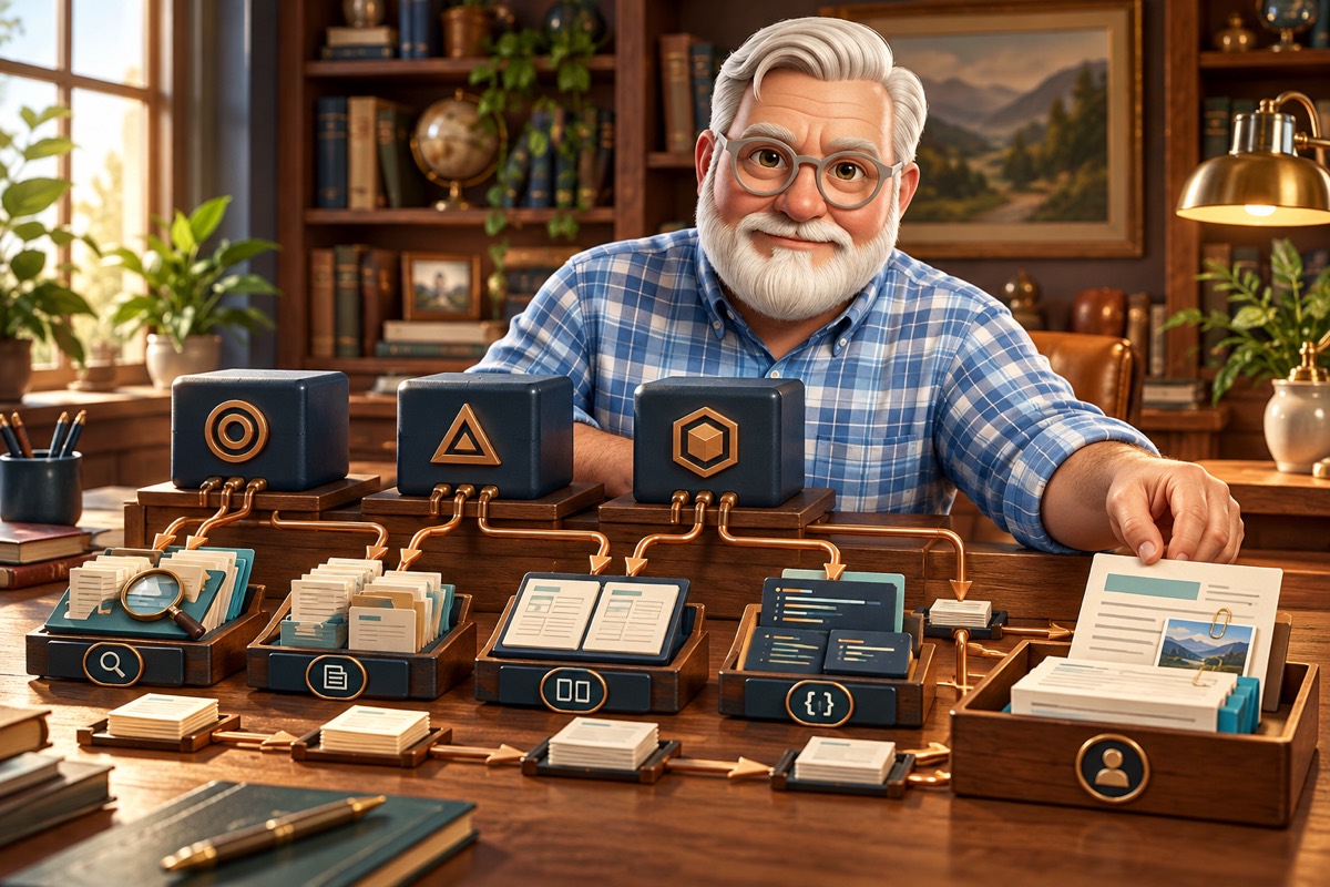 Billy at a workbench directing several AI models and task agents, with research, document organization, record matching and software work feeding into human review.