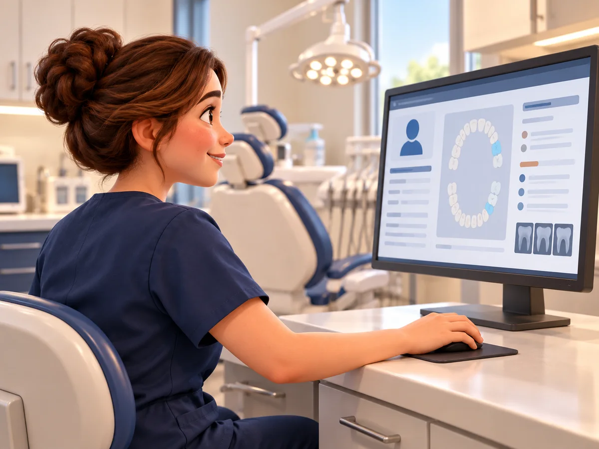 A dental assistant opens a patient chart at an operatory workstation