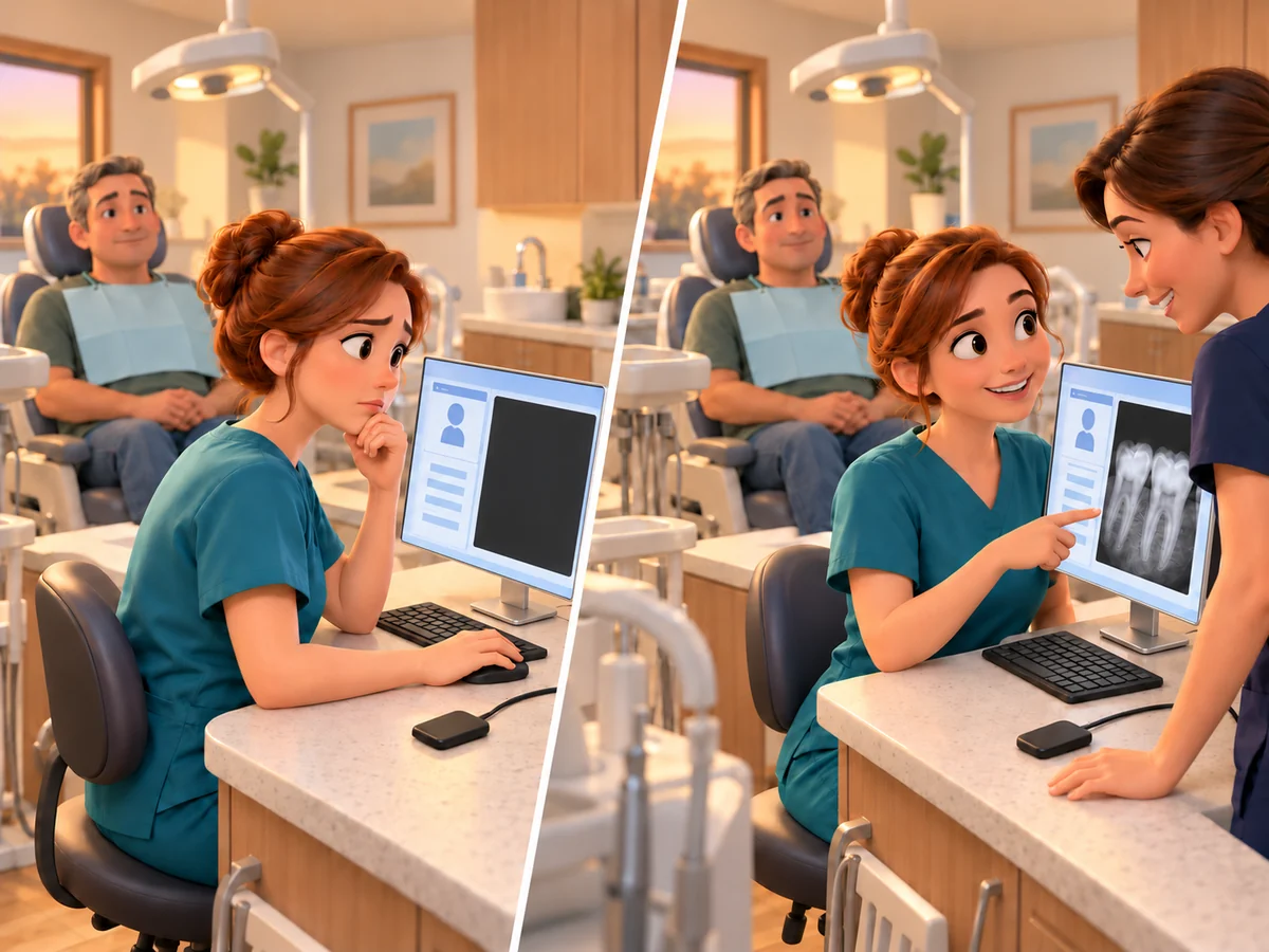 Left, a dental assistant sees the chart open but the X-ray pane blank while the patient waits. Right, the X-ray is up and she shows it to the dentist