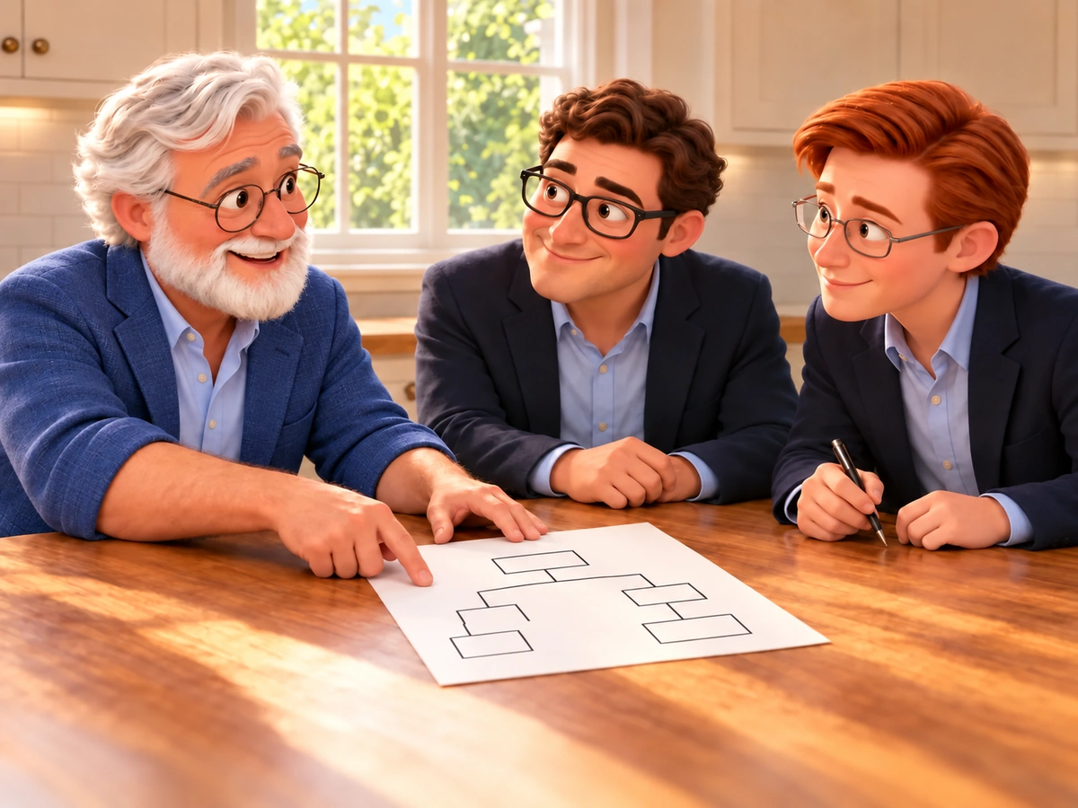 Billy wears a blue sports jacket while reviewing a simple technical plan with Trevor and Jack around a wooden table.