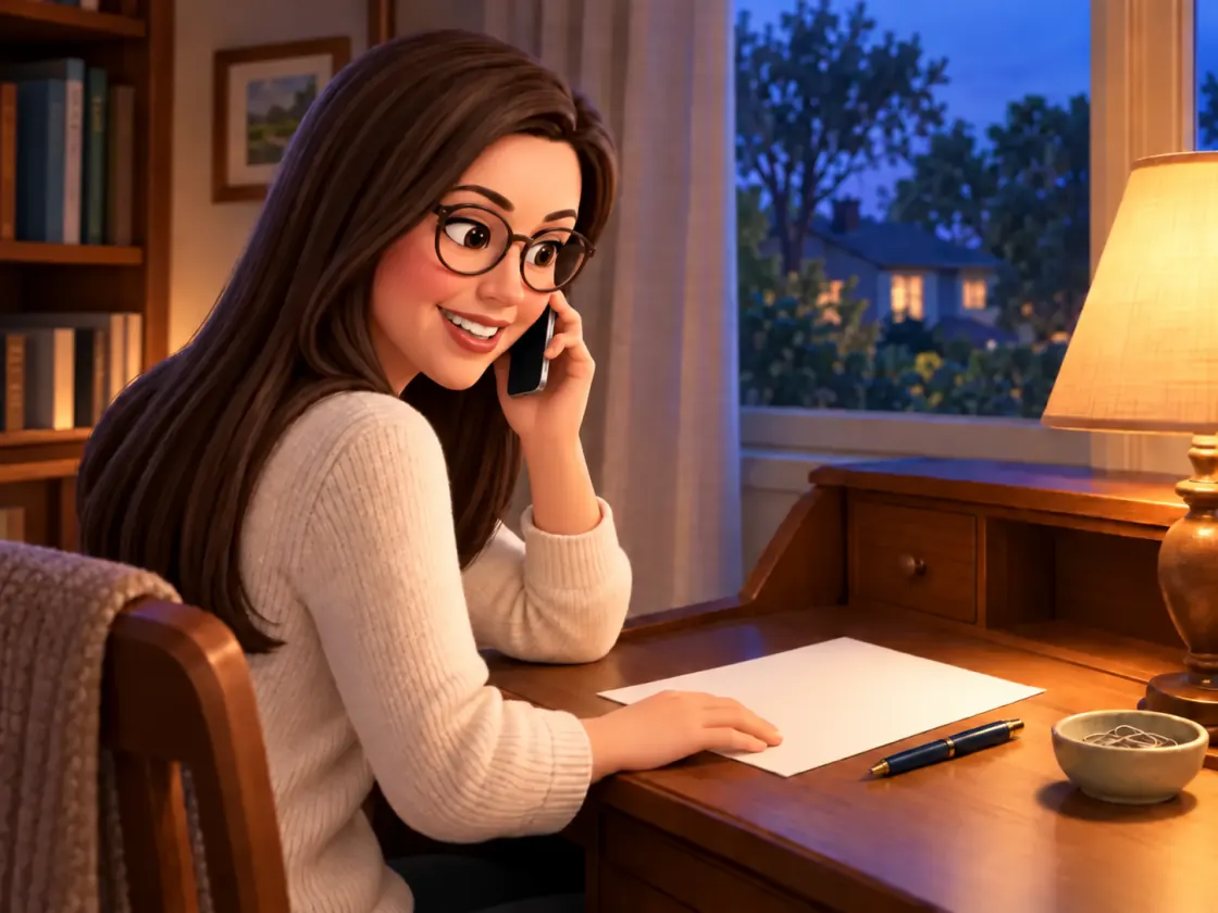 Brandy discusses a project by phone beside an unmarked estimate sheet at her home desk.