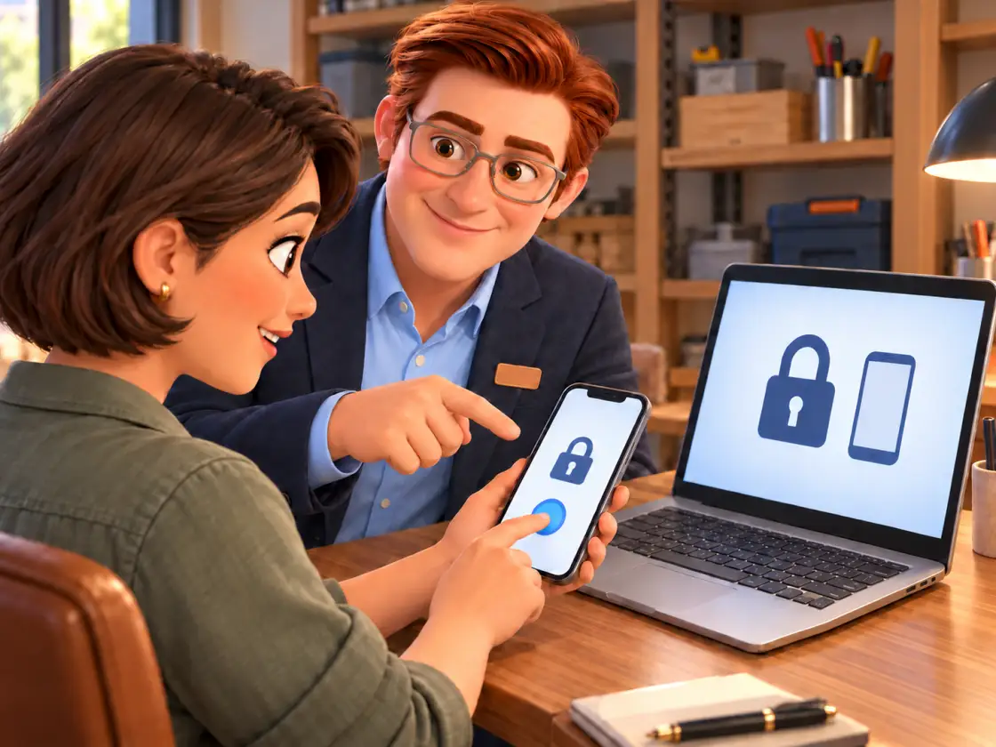 Jack points toward a smartphone as an office worker touches its screen, with security icons displayed on both devices.