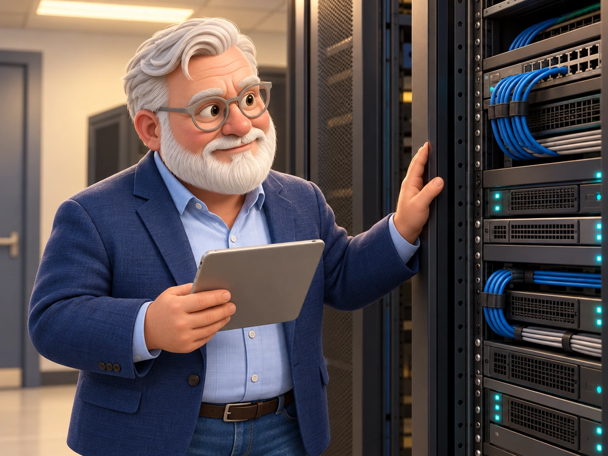 Billy wears reading glasses, a blue sports jacket and jeans while reviewing an orderly server rack with a tablet.