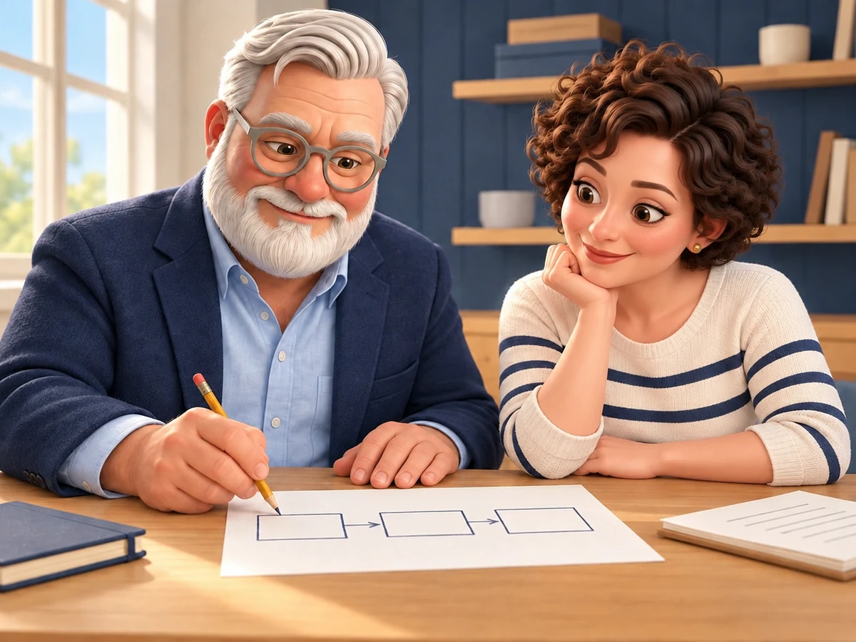 Billy and a small-business owner work out a simple workflow together on paper at her desk.