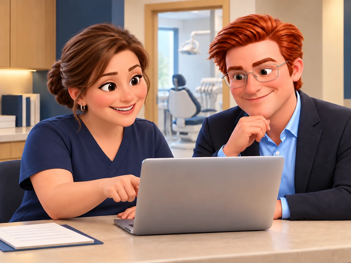 Jack and a dental office manager review her laptop together, with an empty treatment room behind them.