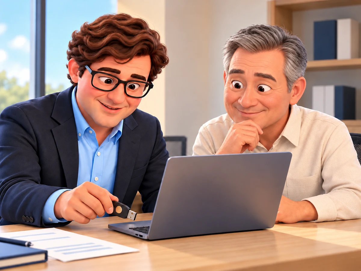 Trevor helps a business owner use a hardware security key with a laptop in the client office.