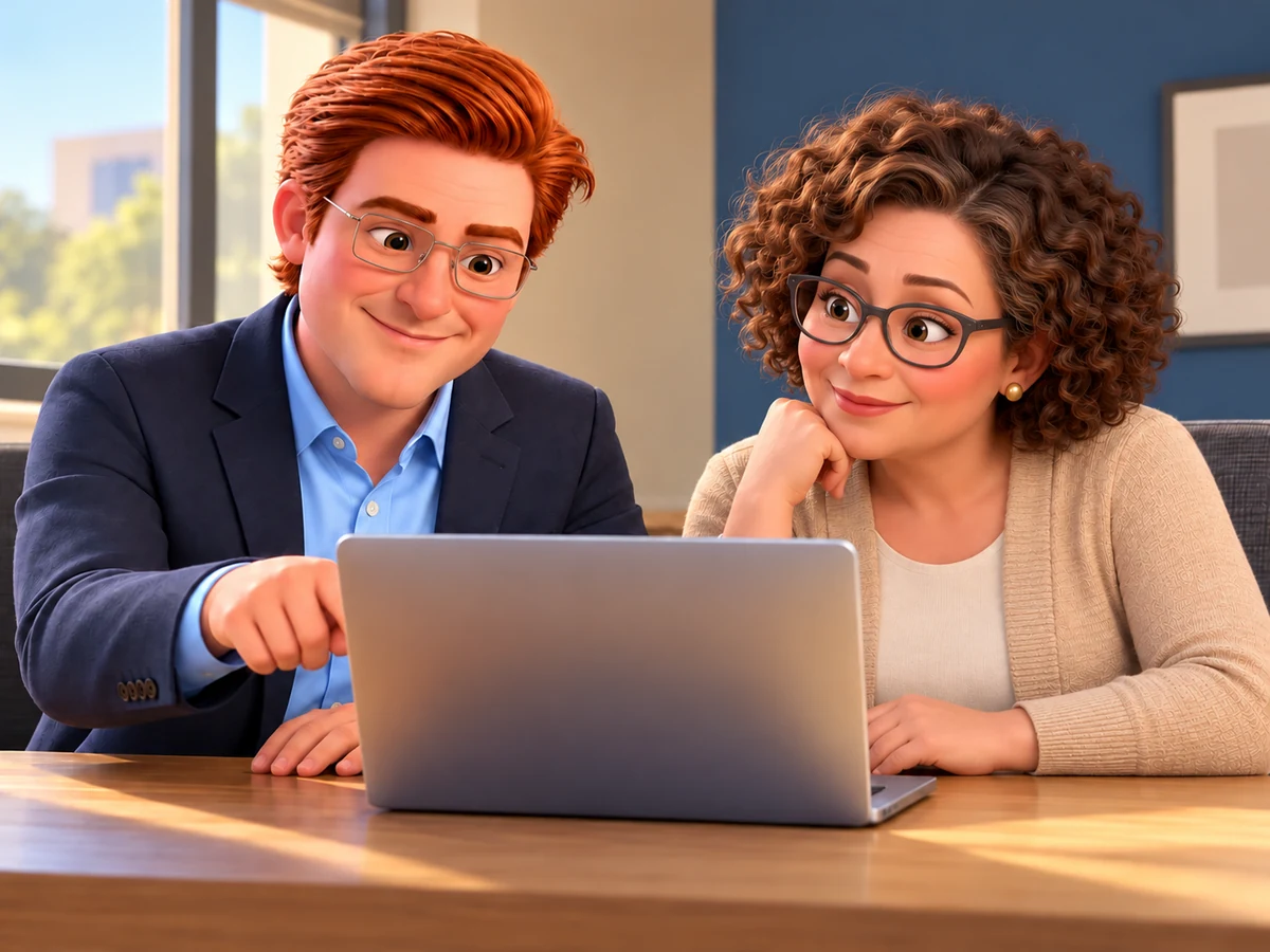 Jack helps an office manager set up a laptop at her desk in a calm small-business office.