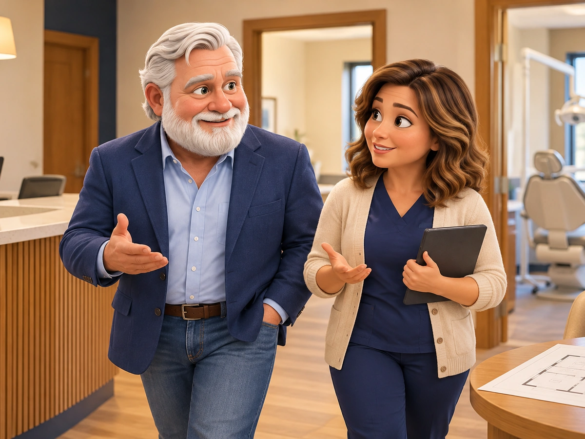 Billy walks through a dental practice with the office manager, talking about what to improve next