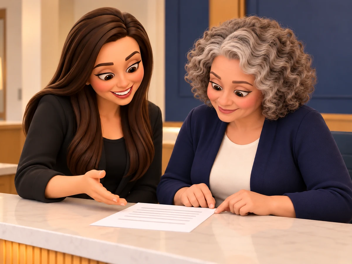 Brandy and a client office manager review a simple one-page summary together at the front desk.