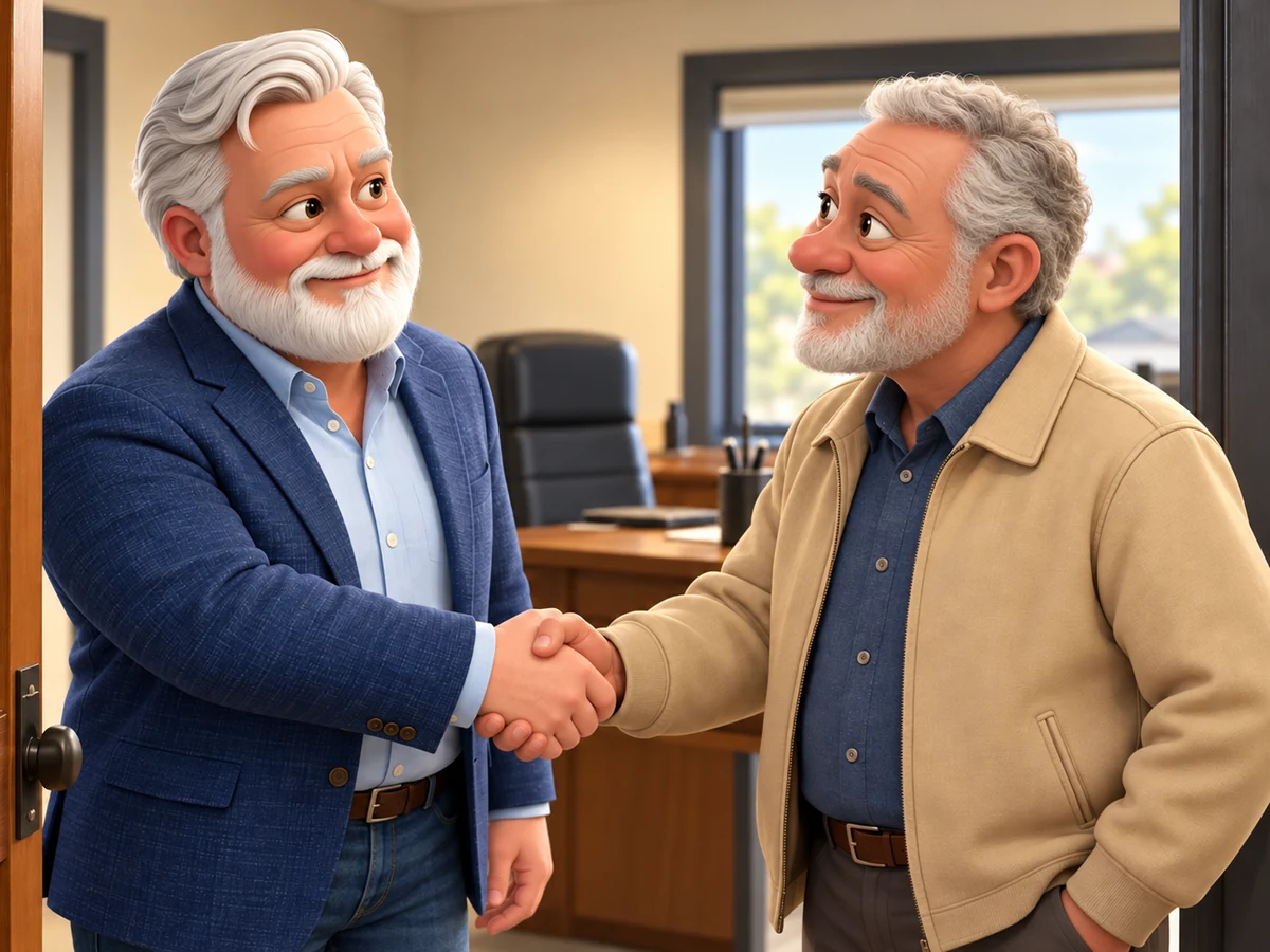 Billy and a longtime small-business owner shake hands at the office doorway, sharing a warm, familiar smile.