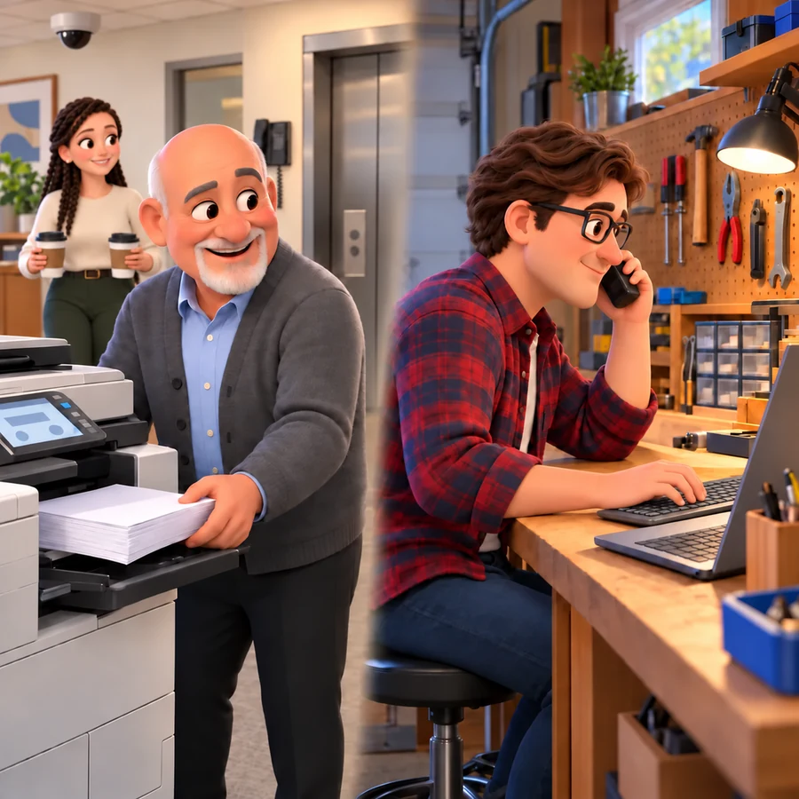 An office manager lifts a finished print job from a working copier under a ceiling camera while Trevor, at his home workshop bench, has the copier company on the phone.