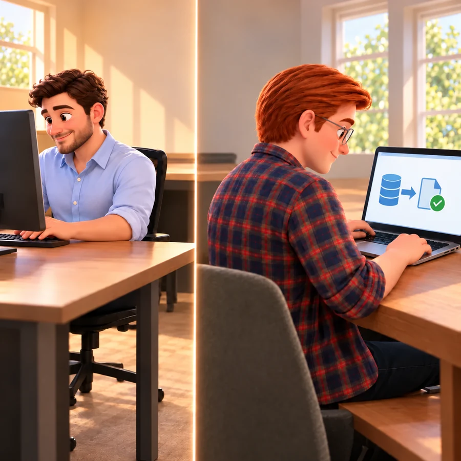 A man works at his office computer while, at home, Jack watches a laptop show a backup restored into a file with a green check mark.
