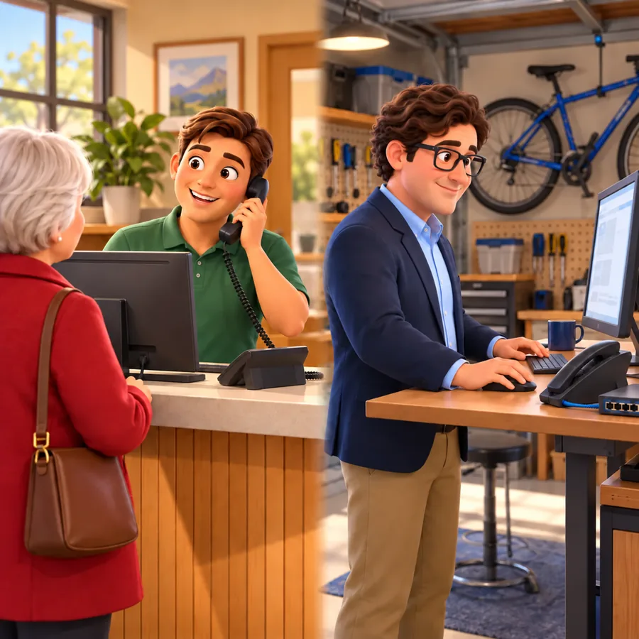 A receptionist picks up a ringing desk phone at a busy front counter while Trevor, standing at his garage desk, sets up the phone system with a test handset beside his monitor.