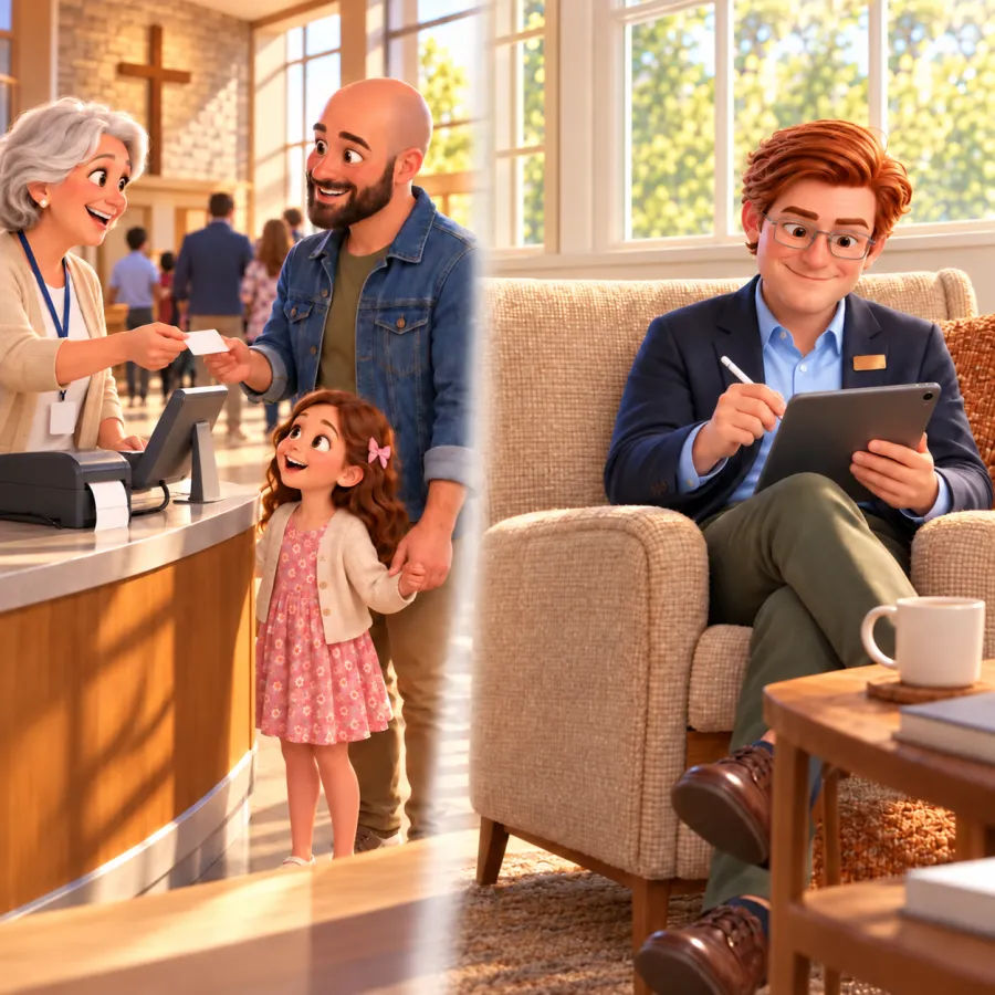 A volunteer hands a printed name sticker to a dad and his daughter at a church check-in kiosk, while Jack watches the printers on a tablet from home.