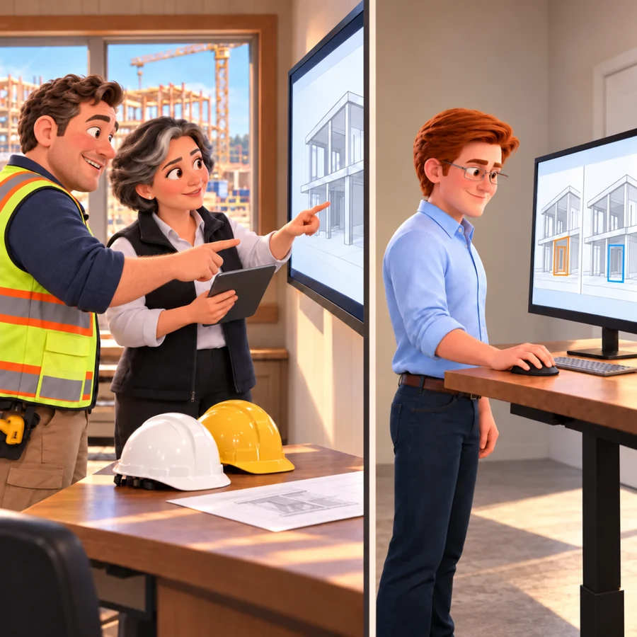 Two people point at a building drawing on a wall screen beside hard hats while Jack compares two drawings with highlighted doorways at a standing desk.
