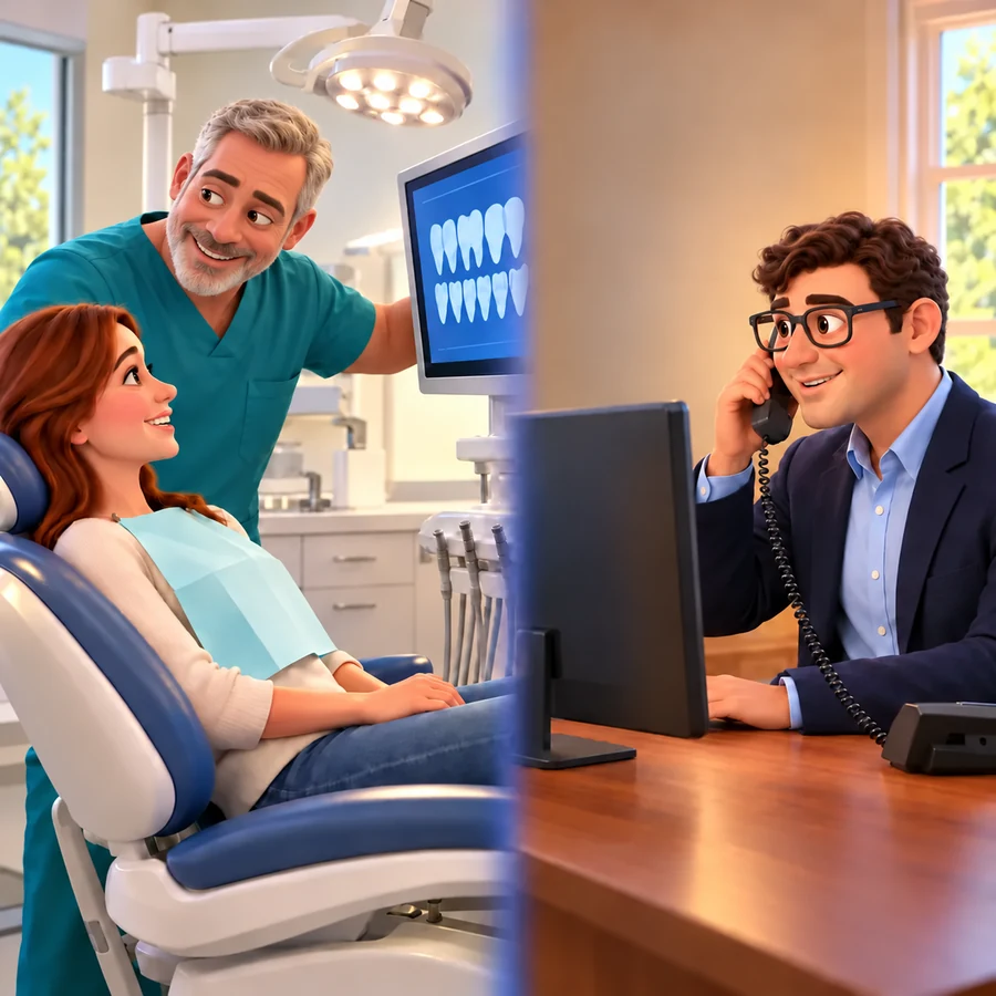 A dentist smiles at a patient beside a monitor showing teeth while Trevor talks on a desk phone beside his computer.