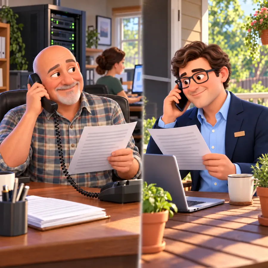 A business owner at his desk talks on a corded desk phone with a printed quote in his hand while his current server hums quietly in a rack behind him, and on his back porch Trevor sits in profile reading the same quote beside a laptop turned toward him.