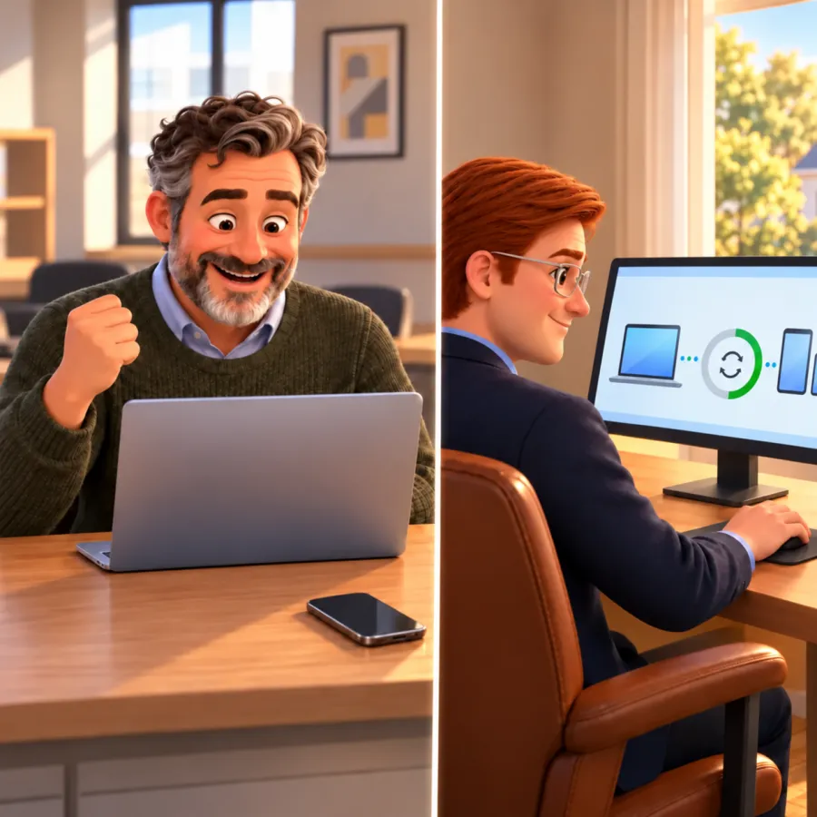 A smiling man raises his fist beside a laptop while Jack views a monitor showing a laptop, tablet and phone linked by a sync symbol.