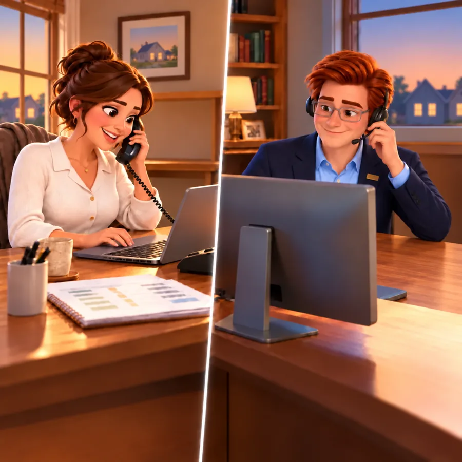 A business owner finishing payroll late Friday smiles on her desk phone because a person answered; Jack, at his home office desk with a headset, is the one talking to her.