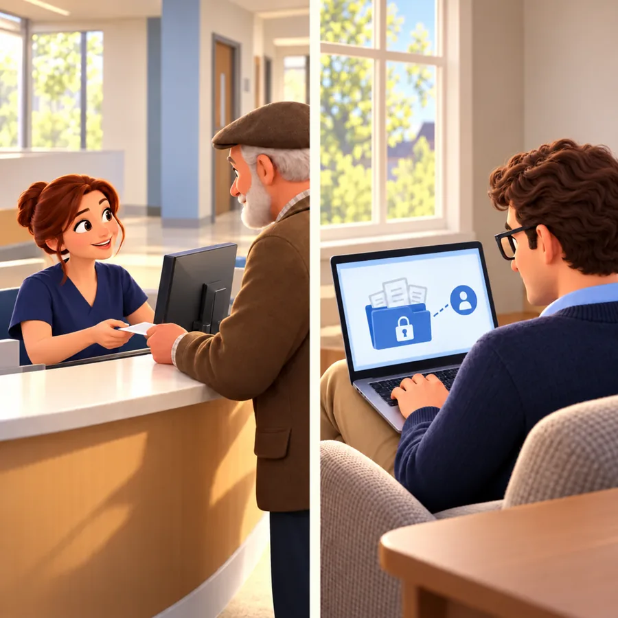 A receptionist exchanges a card with an older patient while Trevor uses a laptop showing a locked folder linked to a user icon.