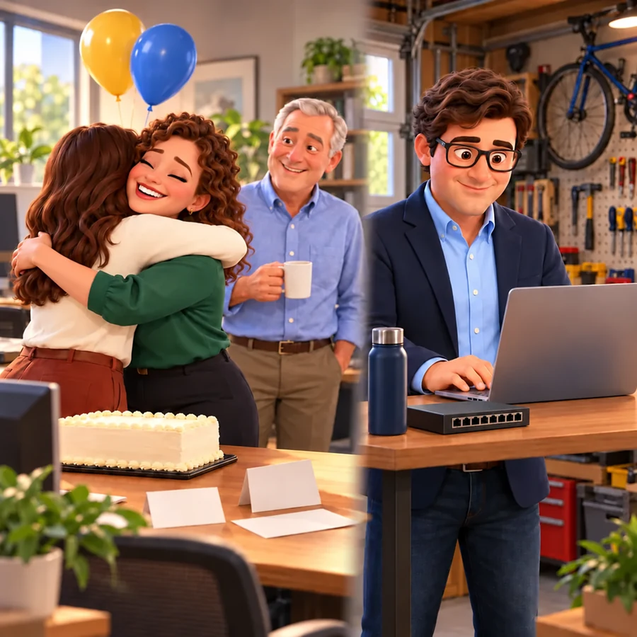 A warm office on a Friday afternoon where a departing employee hugs a colleague at her farewell cake while the owner smiles, and in a different place Trevor, your BDunn tech, stands at his garage standing desk turning off her sign-in on a laptop.