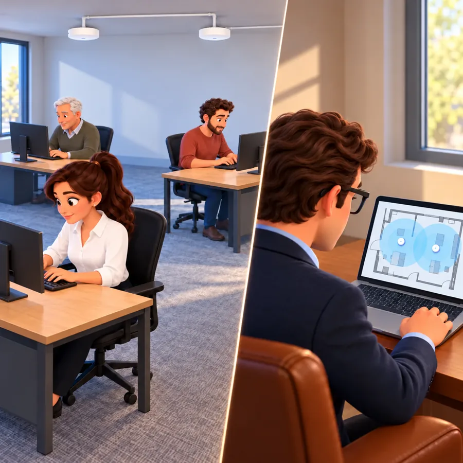 Three people work at office computers beneath two ceiling access points while Trevor views a floor plan with overlapping blue coverage circles on his laptop.