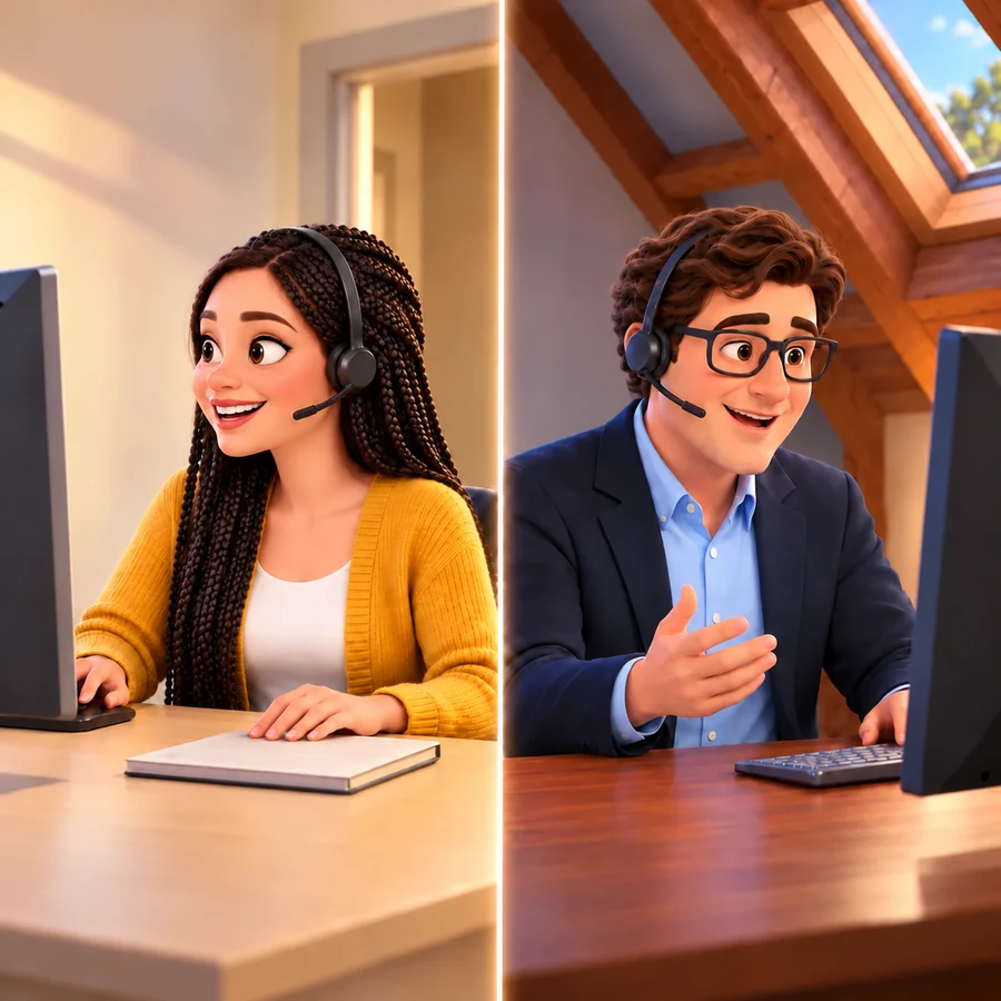A woman and Trevor talk through headsets at separate desks, each facing a monitor, with a notebook in front of her.