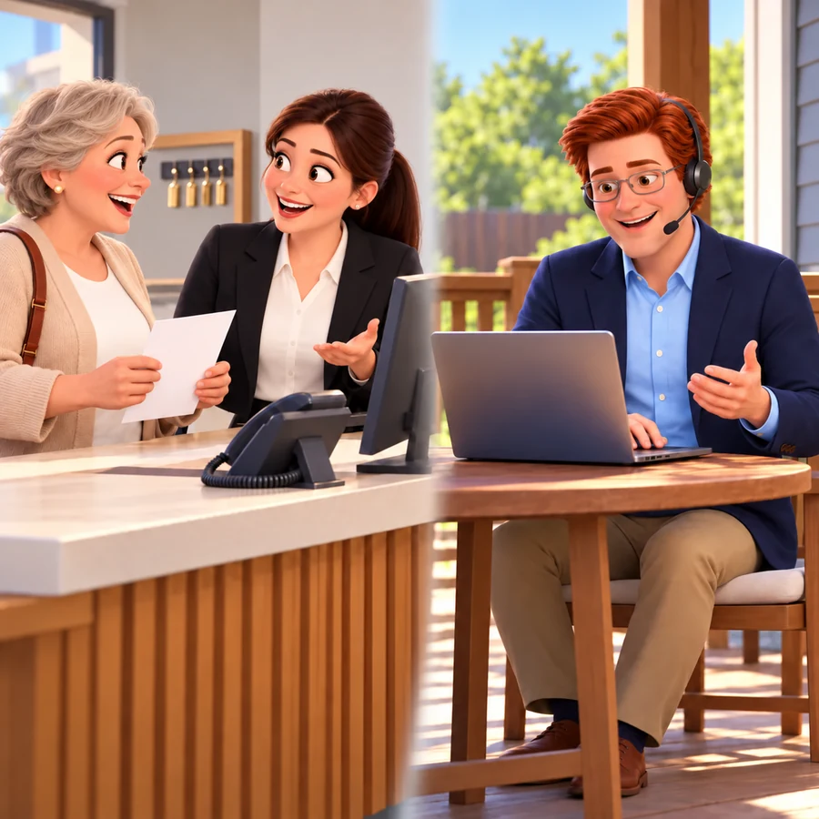 A woman holding a sheet of paper talks with a property manager across a counter while Jack uses a headset and laptop at a porch table.