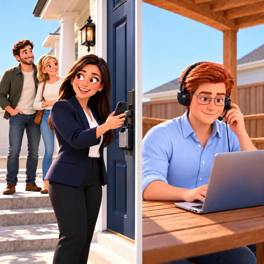 An agent uses her phone beside a door lockbox as a couple waits while Jack uses a headset and laptop at an outdoor table.