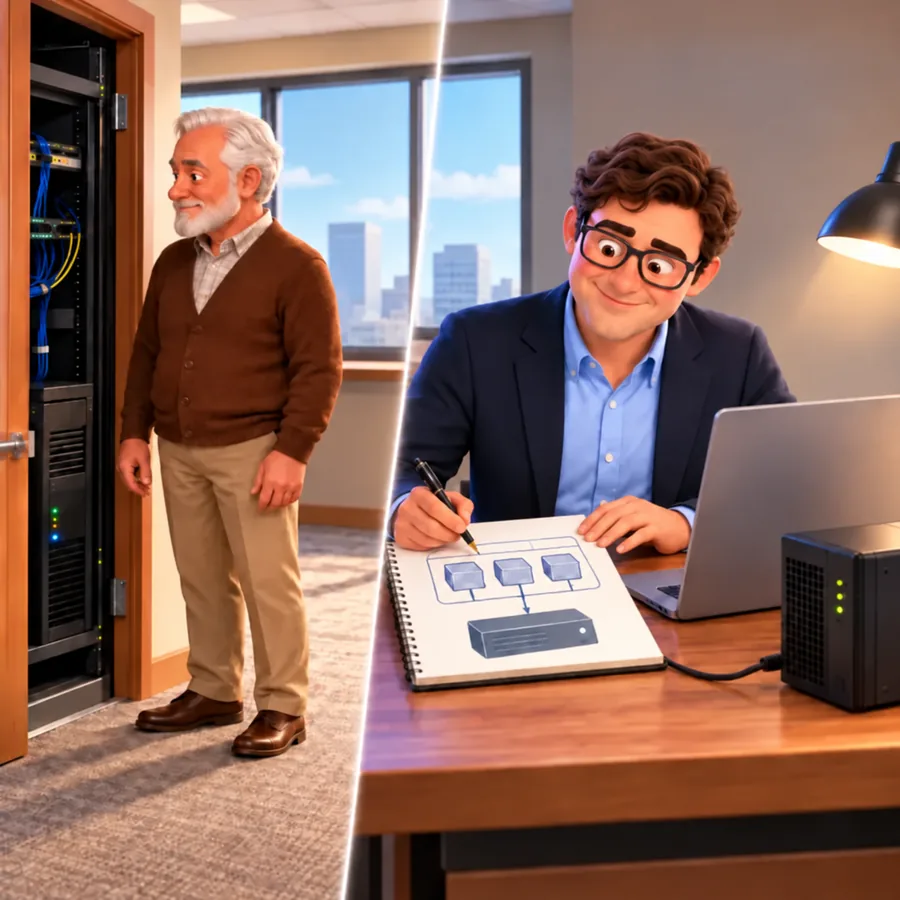 A man stands beside an open server rack while Trevor draws three boxes linked to one server in a notebook beside a laptop and small server.