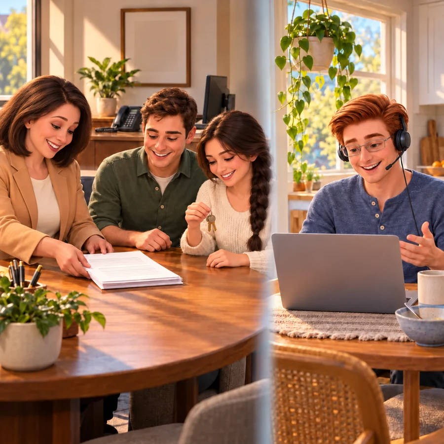 An escrow officer slides closing papers to a young couple holding house keys, while Jack, on a headset at home, checks the title company’s email records on a laptop.