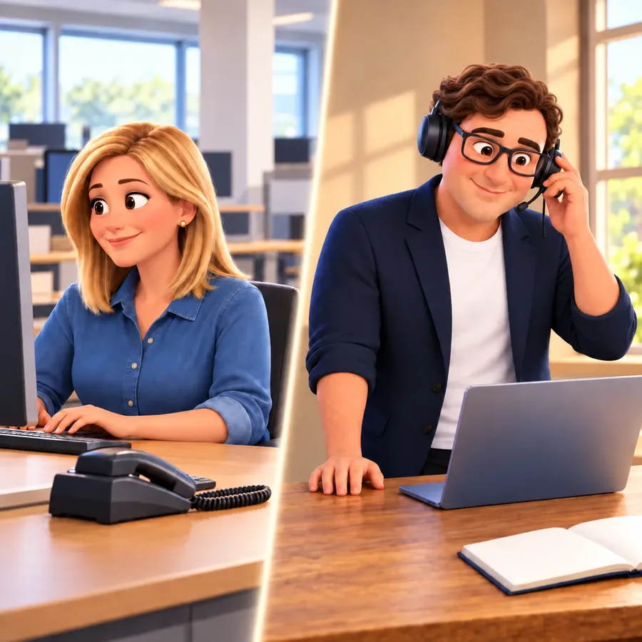 A woman types at a desktop computer beside a desk phone while Trevor wears a headset and stands behind a laptop.
