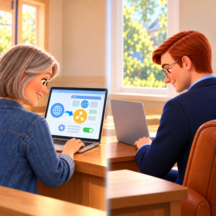 A woman uses a laptop showing a globe linked to a webpage and network symbol while Jack works on another laptop.