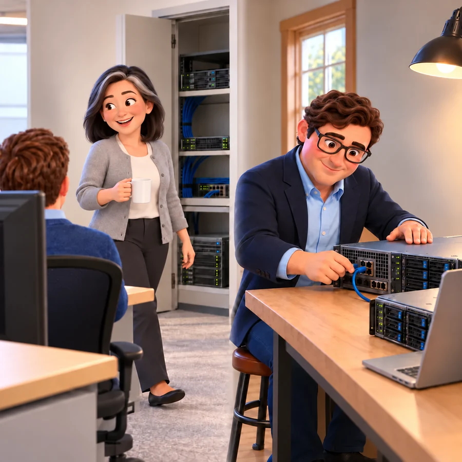A woman holding a mug talks with a seated coworker beside a server rack while Trevor plugs a blue cable into a server beside a laptop.