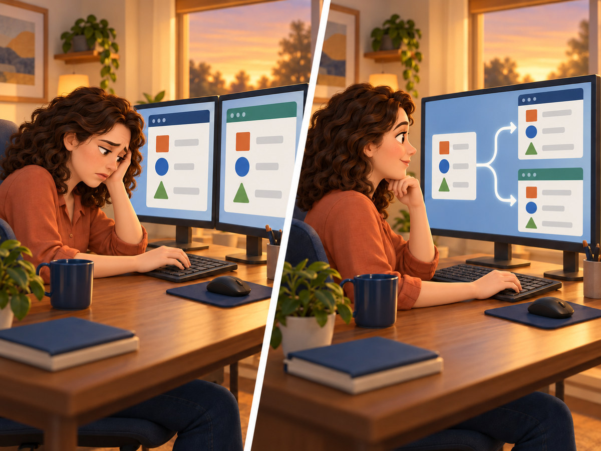 Left, an employee wearily types the same order into two programs. Right, one entry fills both and she checks the result
