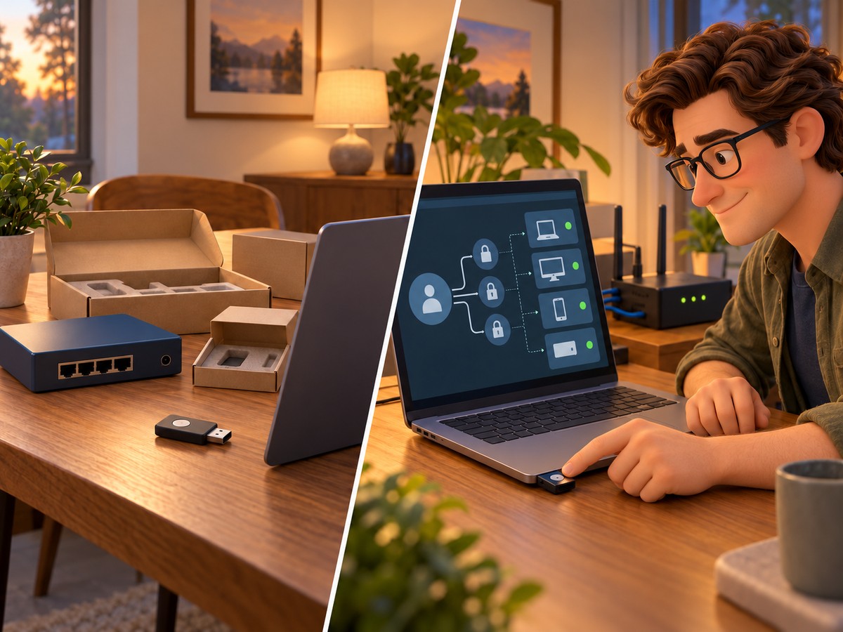 Left, new security gear and a hardware key sit unused on a desk. Right, Trevor tests the key in a laptop and checks protected access