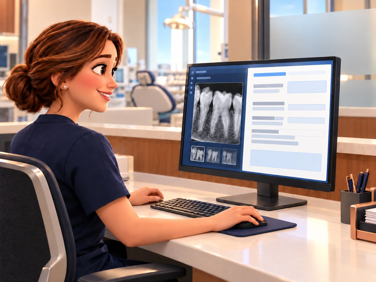 A dental billing coordinator attaches an X-ray to a claim before sending it