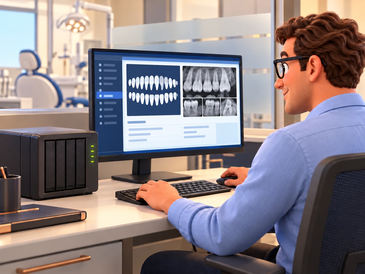 Trevor opens a restored dental image at a practice workstation beside backup storage