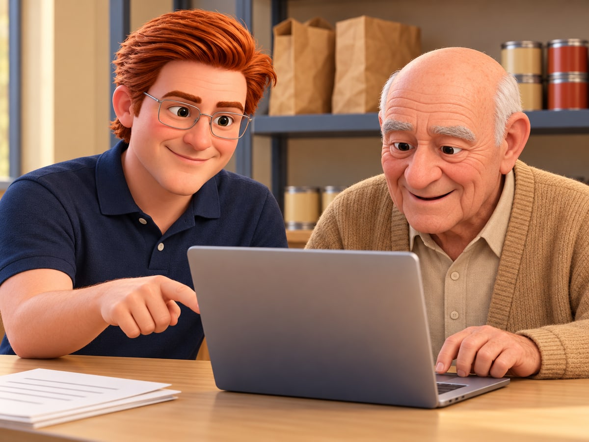 Jack helps an older volunteer coordinator use a laptop at a neighborhood food pantry