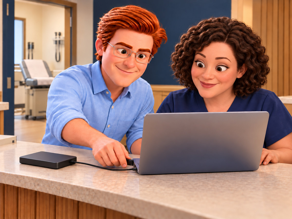Jack helps a practice manager connect external storage to her laptop at a small medical reception desk