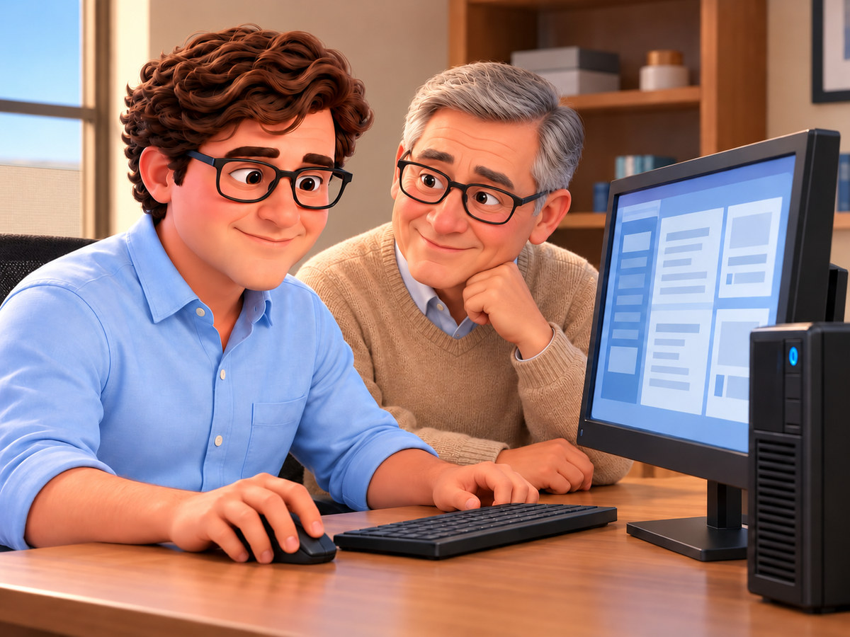 Trevor works at an accounting office computer beside an accountant with a compact server next to the monitor