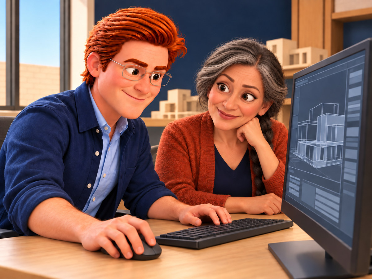 Jack helps an architect at her CAD workstation with an abstract building model on screen