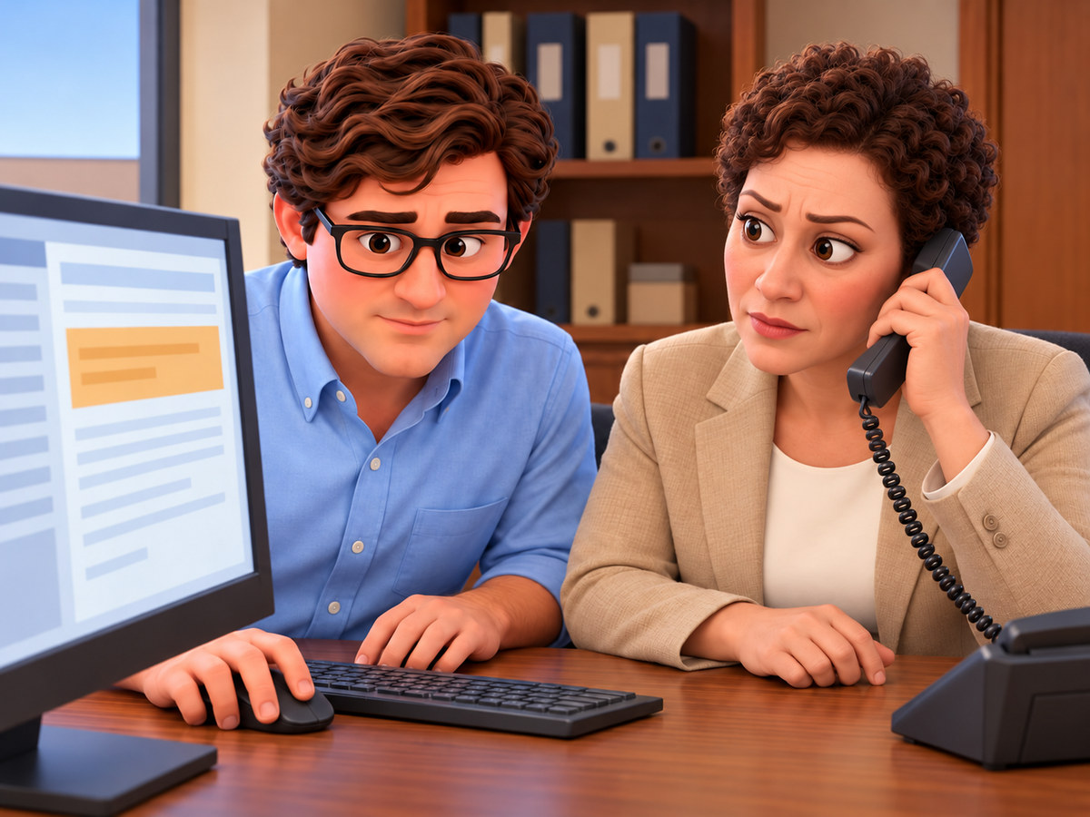 Trevor checks a suspicious email at an attorney computer while she calls the bank for verification