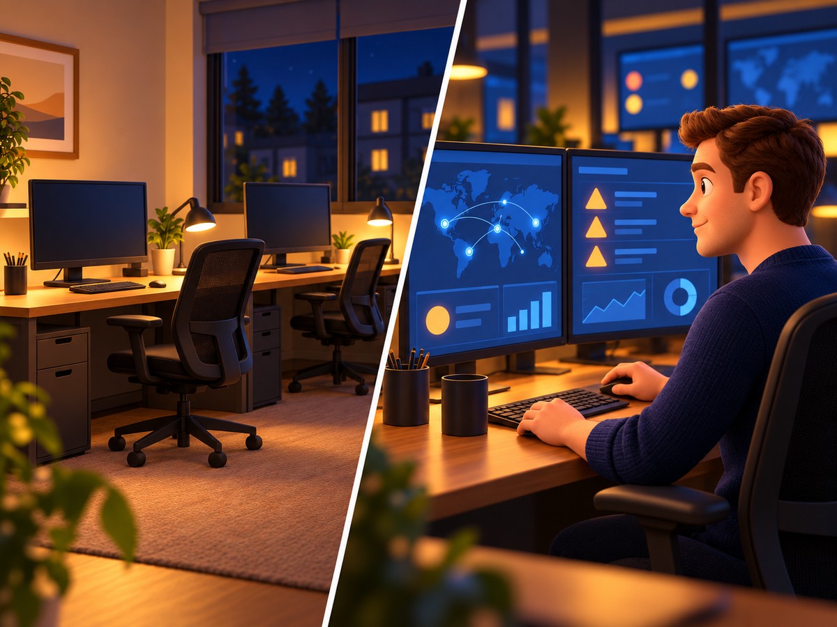 Left, a small office sits empty and dark at night. Right, a security analyst at a staffed operations center watches the same night