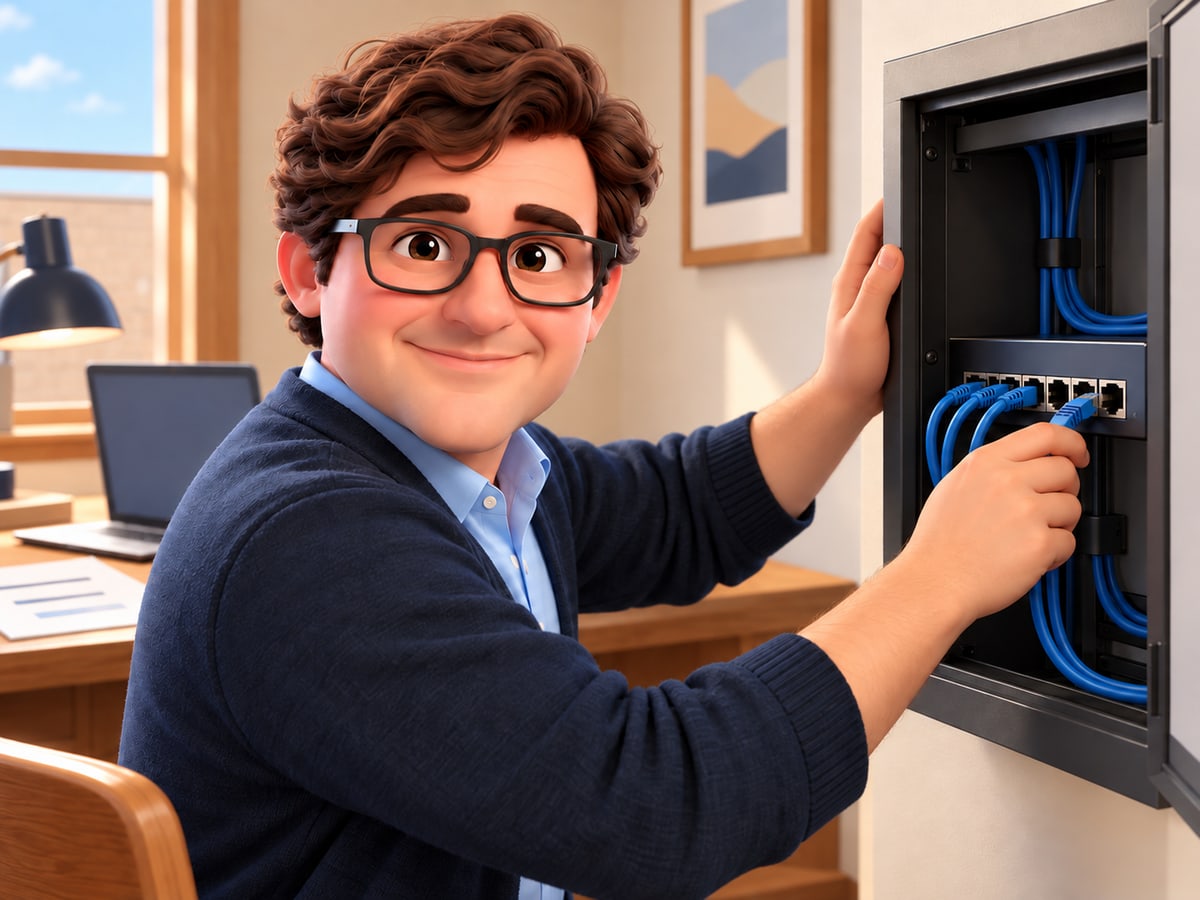 Trevor connects a network cable to a compact switch in a small business office
