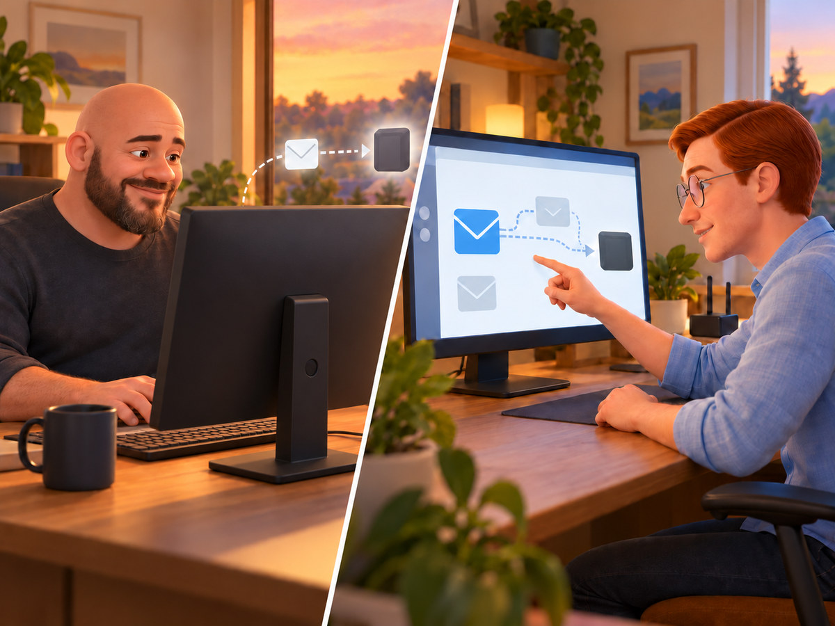 Left, an owner reads email normally while a copy quietly goes elsewhere. Right, Jack finds that forwarding path on his screen