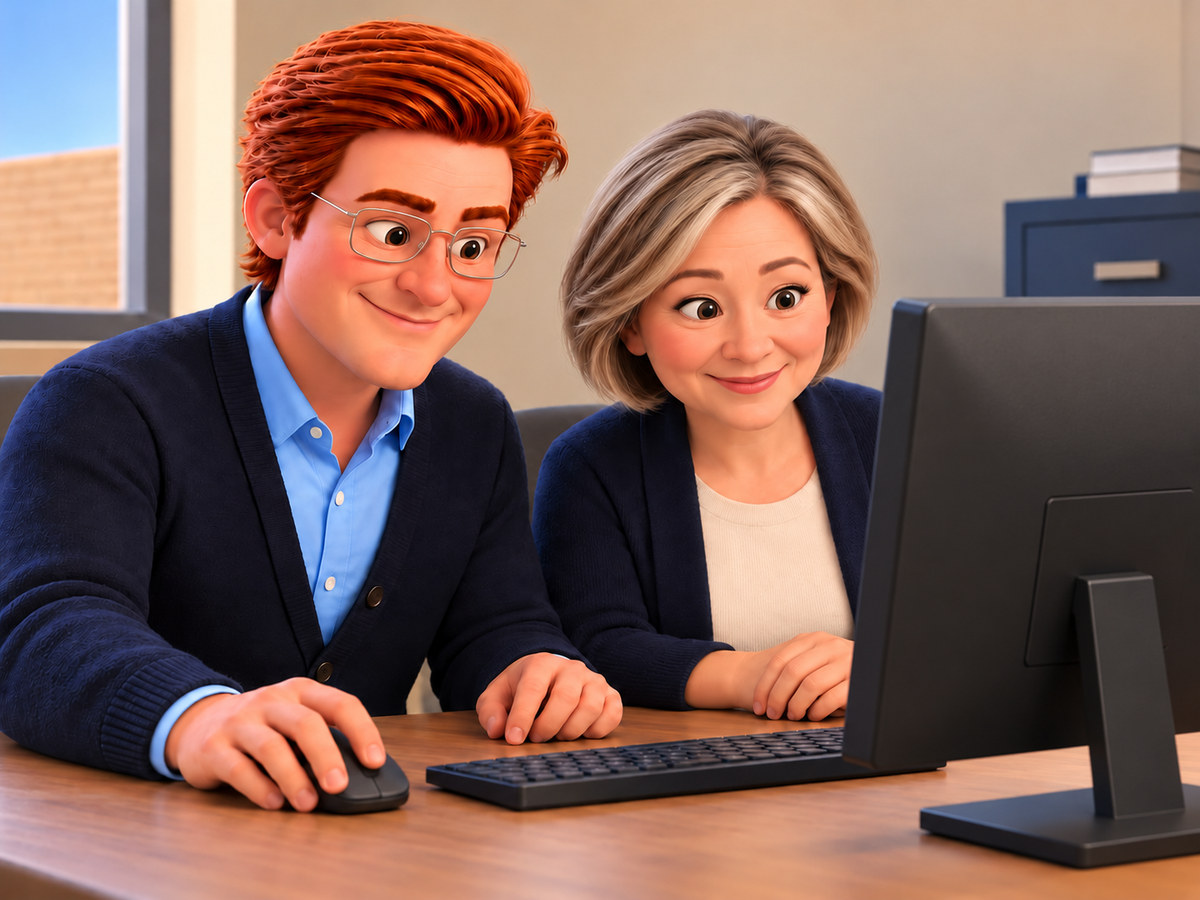 Jack and a business owner review their security program status on an office computer