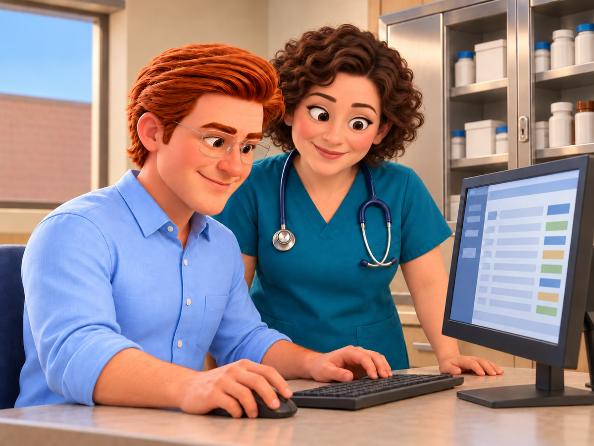 Jack works at a clinic computer with a veterinary technician reviewing the electronic drug log