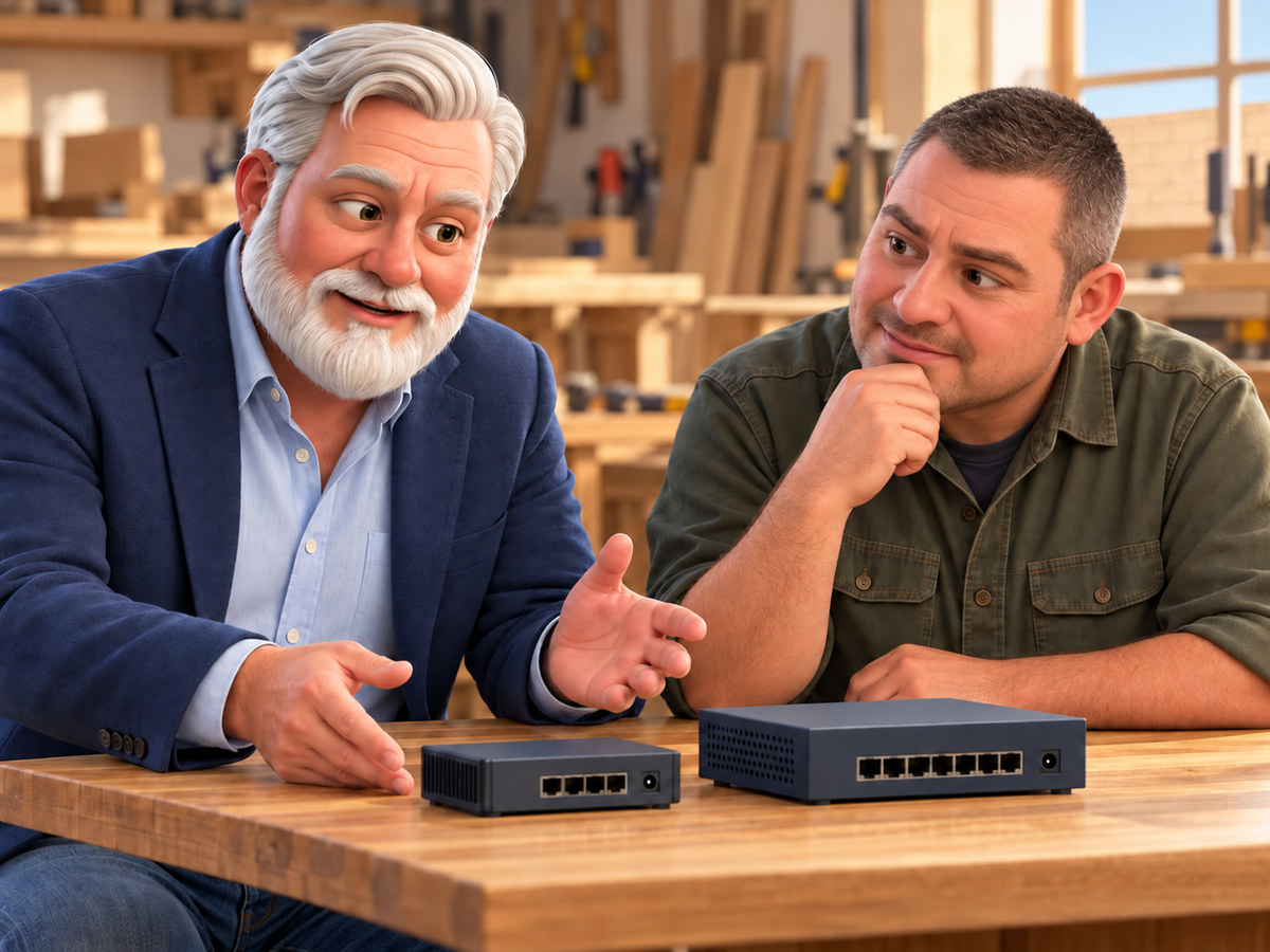 Billy explains two network equipment options to a small workshop owner